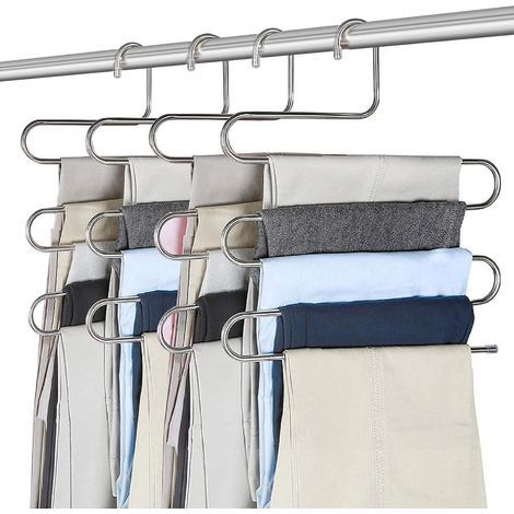 4pcs Pantalons Cintres, Multi-Usages Cintre en Acier Inoxydable de 5 Étages Conception pour Écharpes Jeans Vêtements Pantalons Serviettes (1/5)