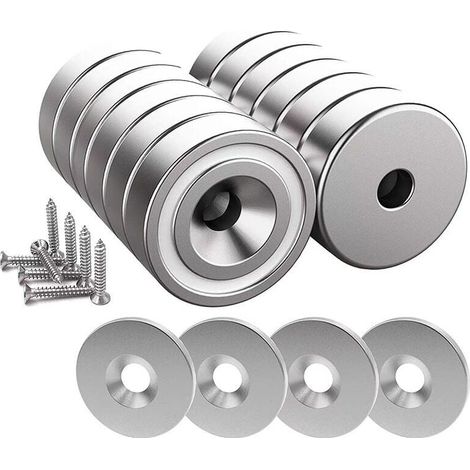 12 pièces Aimants en néodyme 10 KG force 20 x 7 mm avec trou et capsule, aimant en pot fraisé avec vis et 12 coussins en acier (Argent Brillant) (1/5)