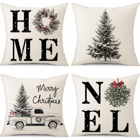 Lot de 4 Housses de Coussin Noël, Taies d'oreiller de Noël Décoratives en Lin Housse Coussins pour Lit Canapé Chambre Salon (40 x 40cm, Sapin de Noël/Home) (1/5)