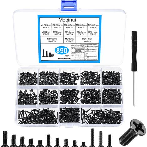 890 Pièces Vis M2 M2.5 M3, Kit Micro Vis Cruciformes à Tête Plate Fraisée, Mini Vis de Précision pour Ordinateur Portable PC, Électronique, avec Tournevis et Boîte de Rangement (1/5)