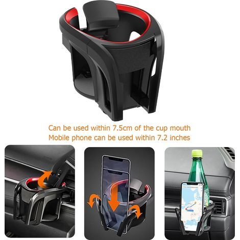 Support de gobelet et de téléphone pour grille d'aération, support de boisson multifonctionnel 2 en 1, universel pour SUV, camionnette et fourgonnette (noir/rouge) (1/5)