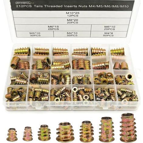212 Pièces Insert Fileté Bois M4/M5/M6/M8/M10, Ecrou Inserts Filetés, Écrous Manchons à Visser Filetée Insert Ecrou Hexagonal pour Fixation et Connexion de Meubles en Bois, Acier au Carbone (1/5)
