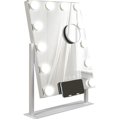 Miroir Hollywood avec éclairage, 12 LED, 37 x 46 cm, 3 couleurs de lumière, grossissement x10, rotation à 360°, port de chargement USB, blanc