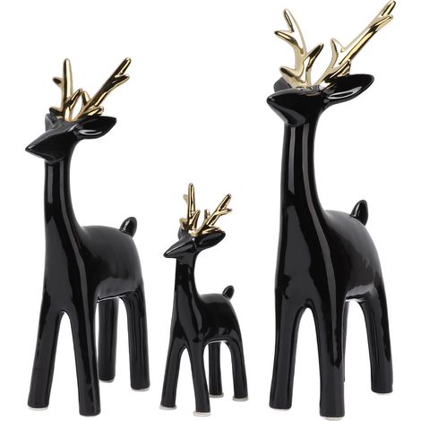 Ensemble de trois ornements en forme de cerf, en céramique décorative attrayante, ronde et brillante, pour la décoration de table, motif cerf, noir et or. (1/5)