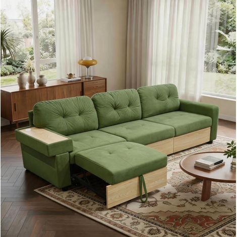 Sofá esquinero L 228x80x78 cm, modular con chaise longue extensible, almacenamiento y puertos USB, terciopelo verde (1/5)