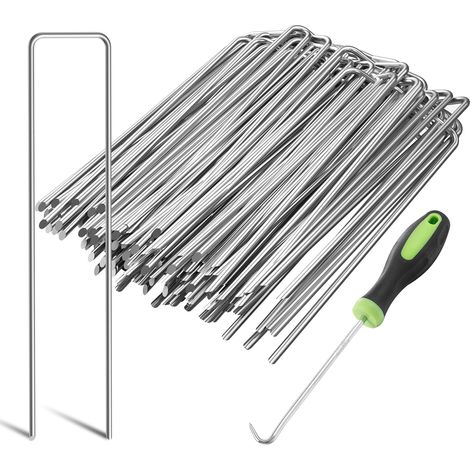 50 Pièces 20cm Piquets de Jardin de Ø 3 mm - Agrafes en Acier Galvanisé pour Fixer Les Toiles Anti-Mauvaises Herbes, Les Filets et Les Tubes avec 1 Crochet de Ramassage (1/5)