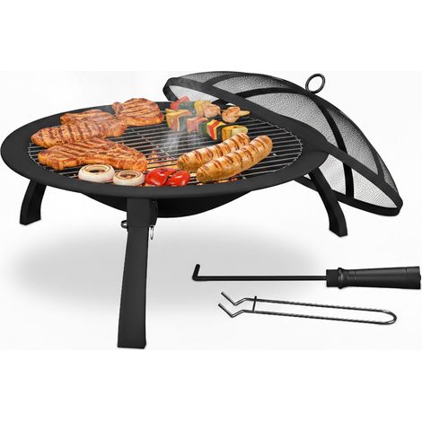 Relaxdays Braciere da Esterno con Parascintille, Griglia e Attizzatoio, Grill da Giardino e Terrazzo, D: 51 cm, Nero