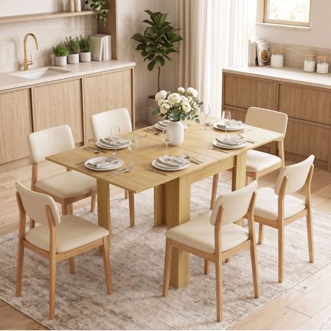 Mesa de comedor extensible de 70/140x80 cm para 4 a 6 personas, ahorra espacio, madera efecto natural (1/5)