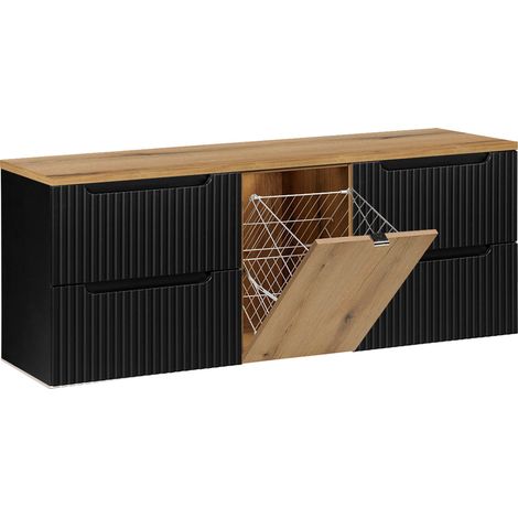 Mueble bajo lavabo Riva Negro y Madera 160cm con cesto para ropa sucia (1/4)