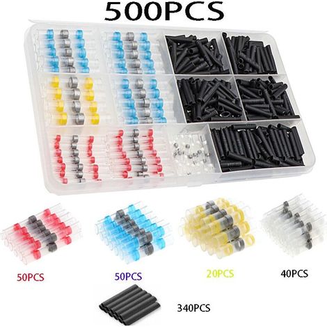 Kit de 500 cosses de fils électriques isolées et étanches, connecteurs bout à bout thermorétractables pour automobile et marine (1/4)