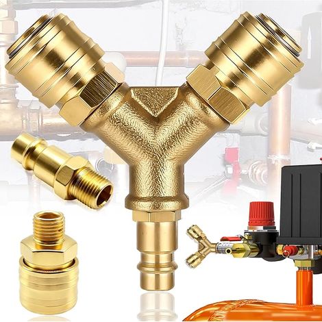 2 Way Brass Compressed Air Distributor, Y Plug-in Coupling for Compressed Air, Y 1/4" for Compressor - Double Quick Coupling NW 7.2 AG - For Two Tools Simultaneously (1/5)