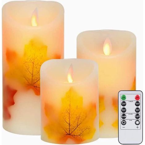 Set of 3 LED maple leaf shaped candles, warm white, flameless, battery operated, with flickering wick, with remote control and timer for decoration, wedding (maple leaf) (1/5)