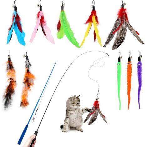 Canne à pêche télescopique pour chat avec 10 jouets de remplacement plume et ver (1/5)