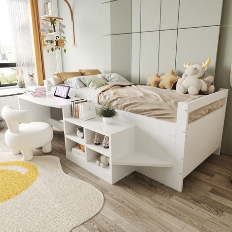 Lit enfant 90x200cm bois blanc simple avec bureau intégré prises norme européenne et grand espace de rangement chambre jeune, lit simple(sans Matelas) (1/5)