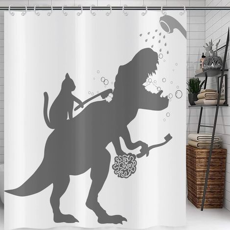 Rideau de Douche Drôle 120x180 - Chat Aide Dinosaure Salle de Bain pour Enfants Garçon - Silhouette Ombre Noir Blanc - Baignoire Étanche Polyester Tissu Lavable (1/5)