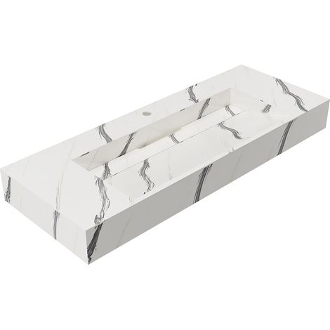 Vente-Unique – Vasque suspendue solid surface effet marbre blanc – Dimensions L120.2 x l45.2 x H8 cm – Antifongique et résistant aux tâches