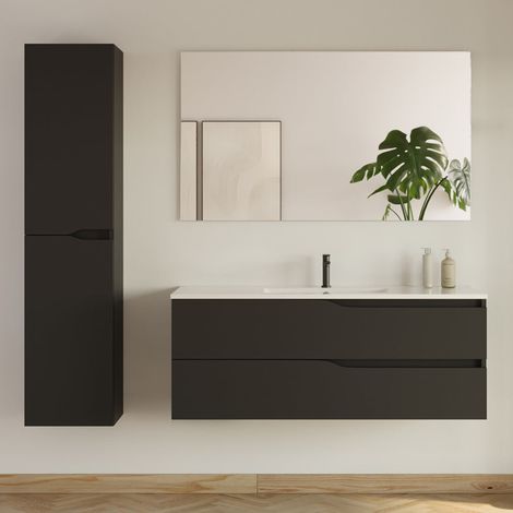 Meuble de salle de bain 120cm avec simple vasque - 2 tiroirs et colonne de rangement - noir mat - LUNA