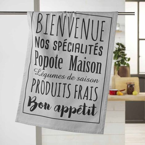 Torchon de Cuisine Imprimé "Popote" 50x70cm Gris (1/5)