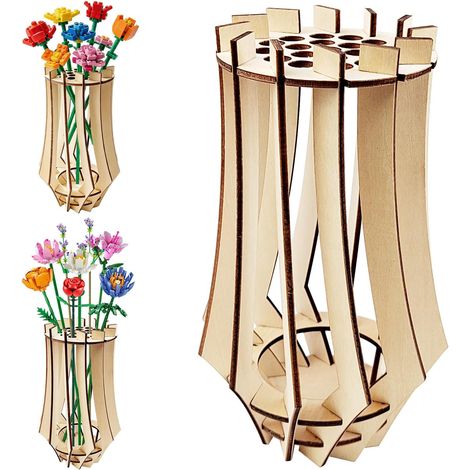 1 grand vase, 18 × 12 cm, peut contenir jusqu'à 19 bouquets, design puzzle en bois, vase puzzle, facile à monter, convient pour les roses, tulipes, tournesols (couleur bois naturel) (1/5)