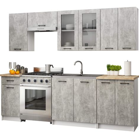 Küchenmöbel-Set OLIWIA 2.4m Modulares Weiß 240 cm 11 Türen 1 Schublade Front Beton B240xH203xT46 cm (1/5)