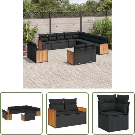 The Living Store 13-tlg. Garten-Sofagarnitur mit Kissen Schwarz Poly Rattan - Gartensortiment - Gartenmöbelset - Rattan Möbel - Lounge Set - Esszimmergarnitur (1/5)
