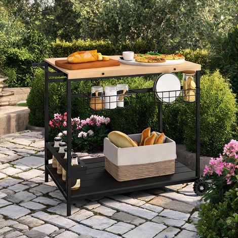 Chariot de service desserte de jardin 2 plateaux bois et métal (1/5)