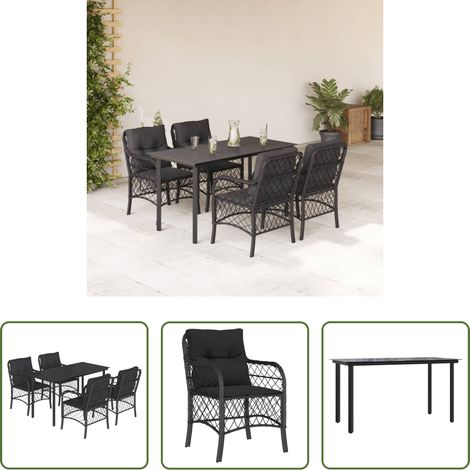 Gartenessgruppe - 5-tlg. Garten-Essgruppe mit Kissen Schwarz Poly Rattan (1/5)