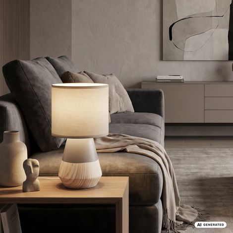Briloner Lampe de chevet pied en céramique Ø18x34 cm douille E14 max. 25W interrupteur filaire gris bois - Lampe de table salon chambre couloir (1/5)