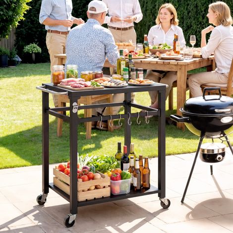 Chariot de barbecue extérieur, support de four à pizza en métal, station de cuisine roulante à 2 niveaux avec crochets et poignée, noir (1/5)