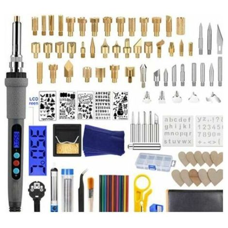 109pcs Kit de Pyrogravure sur Bois Outil de Gravure au Bois Température Réglable avec Crayons de Couleur Support pour Liège Cuir Gravure Sculpture Bois