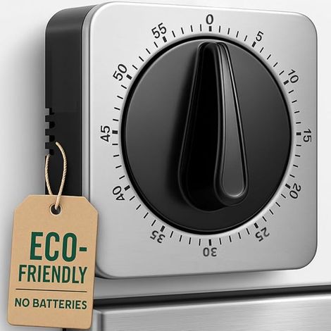 Küchen-Cronometer, Küchen-Cronometer mit lautem Alarm, keine Batterien erforderlich, 100 % mechanisch – magnetische Rückseite, exquisites Edelstahlgehäuse – Countdown-Erinnerung – 1 Packung Silber