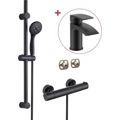 Matt Black Thermostatic Round Bar Mixer Shower Valve + Riser + Fast Fit Kit +Tap (1/4)