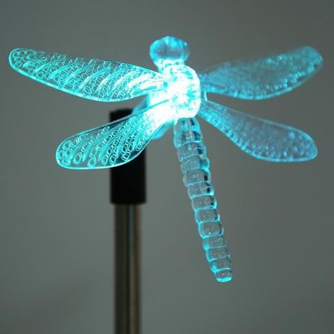 Lampe de jardin solaire LED - Libellule - Multicolore changeante - Lot 2 pièces - À planter, acier inoxydable (1/4)