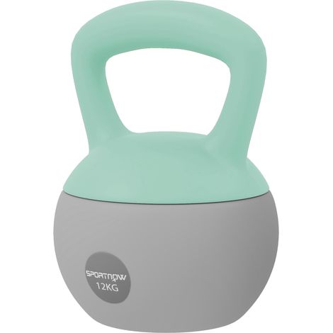 Kettlebell 12 kg rempli de sable, poignée antidérapante en métal, pour l'entraînement à domicile, 21 x 21 x 30 cm, vert et gris (1/5)
