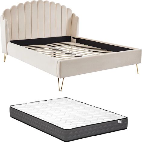 Lit 160 x 200 cm avec tête de lit ondulée - Velours - Beige + Matelas - SAGALI (1/5)