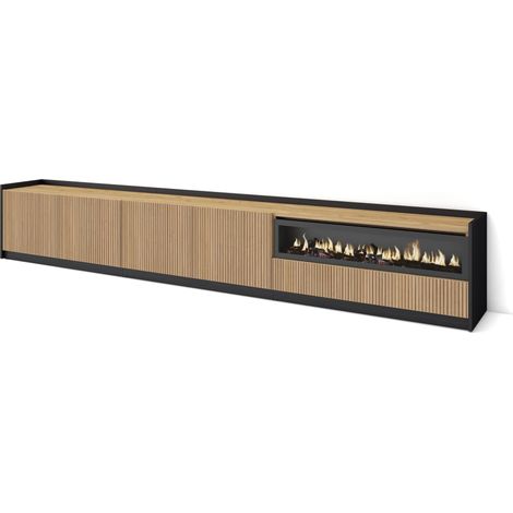 Skraut Home - Mueble TV, Televisión, Muebles de salón, almacenaje, 310x37x50cm, Para TV hasta 80", Chimenea eléctrica, Estilo Moderno, Roble y negro (1/5)