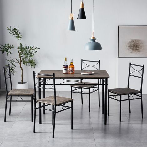 Dining Table and Chairs Set Metal Wood Effect Table Dining Set 4 Chairs Silvia DISTRESSED GREY (1/5)