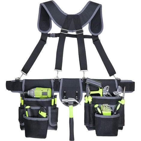 Ceinture Outils Avec Bretelles, Amovible Et Réglable Ceinture Porte Outil Sac à Outils Suspense Combinés, 12 Poches Ceinture à Outils Avec Porte-Marteau Pour électriciens, Charpentiers