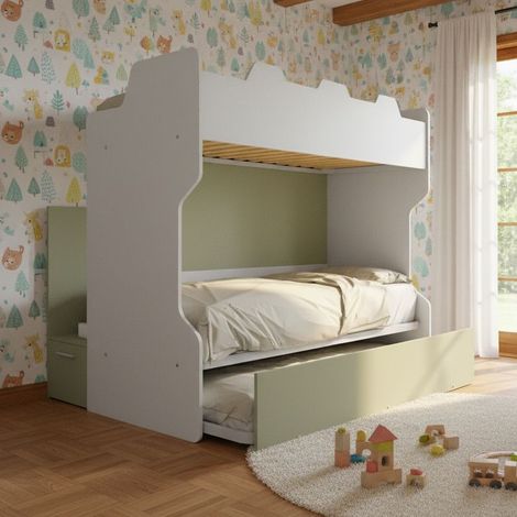 Letto a castello con scala contenitore e terzo letto estraibile - Cameretta salvaspazio - Bianco e Salvia