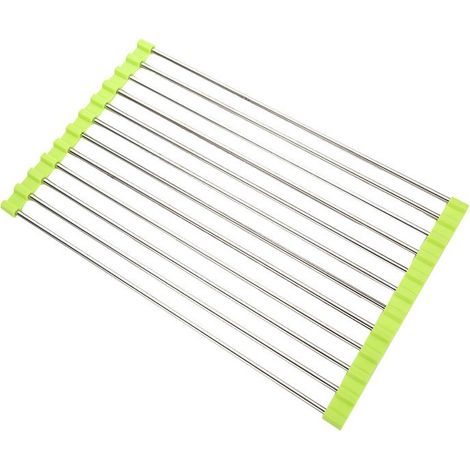 Égouttoir à vaisselle pliable en acier inoxydable, vert, à enrouler et à poser sur l'évier (1/5)