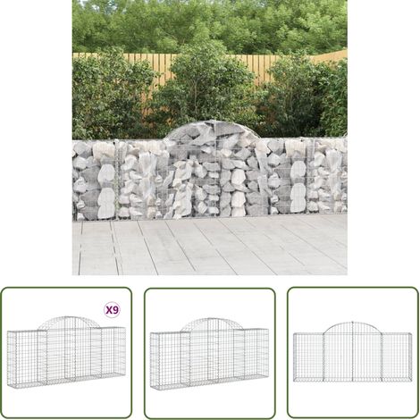 The Living Store Paniers à gabions arqués 9 pcs 200x30x80/100 cm Fer galvanisé - Panier Gabion - Mur Gabion - Clôture Gabion - Décoration Jardin - Barrieres Jardin (1/5)