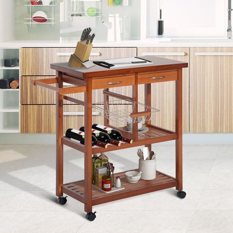 Chariot de cuisine en bois avec porte-bouteilles, panier, 2 étagères, 2 tiroirs, pin robuste, pratique, polyvalent, 84.5x37.2x85cm (1/5)