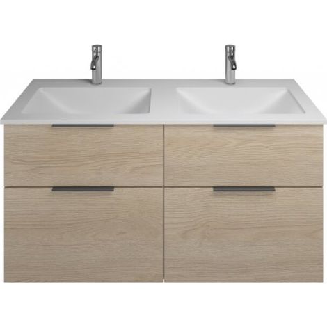 Burgbad Eqio Mineralguss-Doppelwaschtisch mit Unterschrank 122 cm, mit Mittelsteg und 4 Auszügen, mi Eiche Dekor Cashmere/Alpinweiss Schwarz matt (1/2)