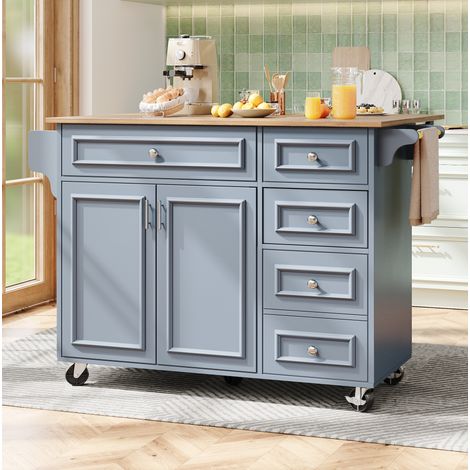 Carrello da cucina su ruote 110x45/75x92 cm con vassoio ribaltabile, cassetti e vano portaoggetti, in MDF e metallo, blu (1/5)