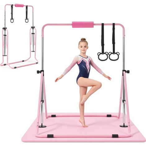 Barre Fixe de Gymnastique pour Enfants, Barre de Gym pour Enfants avec Tapis Charge 63,5 kg, pour Entraînement Intérieur Extérieur, Équipement de Gymnastique Pliable Réglable en Hauteur, Rose (1/5)