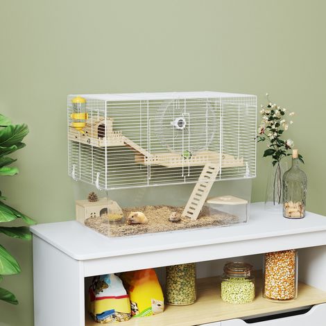 Cage à hamster à 3 niveaux. cage rongeur avec roue d'exercice. plateau profond transparent. 59 x 35.5 x 47 cm. blanc