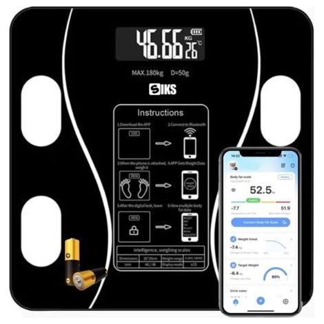 Smart electronic bathroom scale with app, backlit digital display, thermometer, load capacity up to 180 kg, battery operated, black--DTEKGAZ