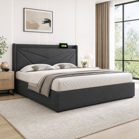 Cama doble 180x200 cm de tela gris con almacenaje y USB, sin colchón – MEUBLIV (1/5)