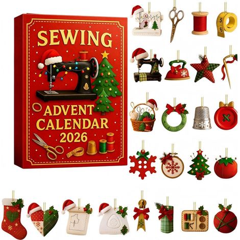 Adventskalender 2026 mit Nähmotiven, 24-teilige 2D-Acryl-Hängedekorationen mit Nähwerkzeugmotiven, origineller Weihnachtsbaumschmuck für die Weihnachtsfeier. (1/5)