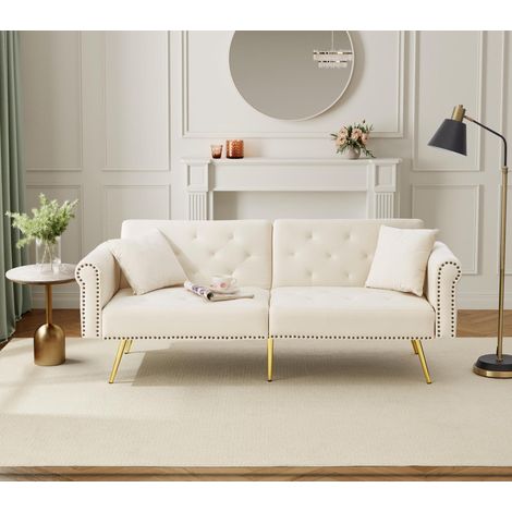 Sofá-cama Auxiliar 147x85 Cm Terciopelo Beige, Respaldo 3 Posiciones Independiente, Patas Metal Dorado (1/5)